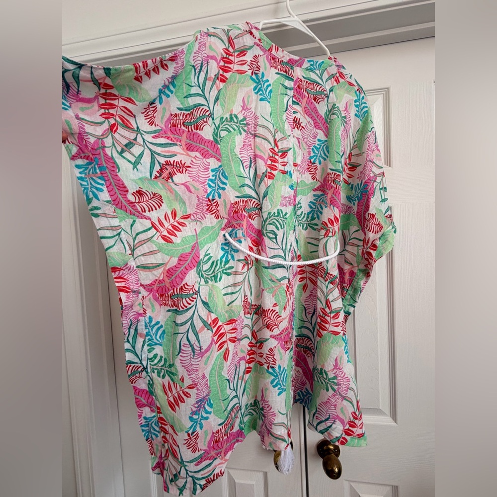 100% Linen Cynthia Rowley Multicolor Tropical Kimono Beach Pool cover up - Picture 4 of 9